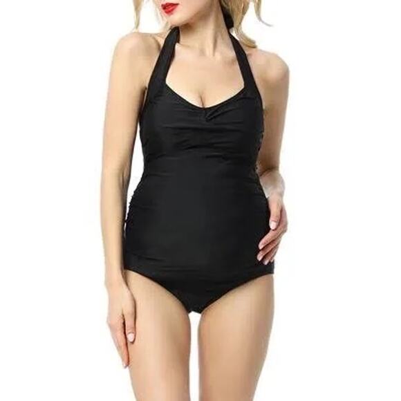 Kimi & Kai Halter Maternity Ruched Bodice One Piece Swimsuit Black Women M NWOT - Picture 1 of 10